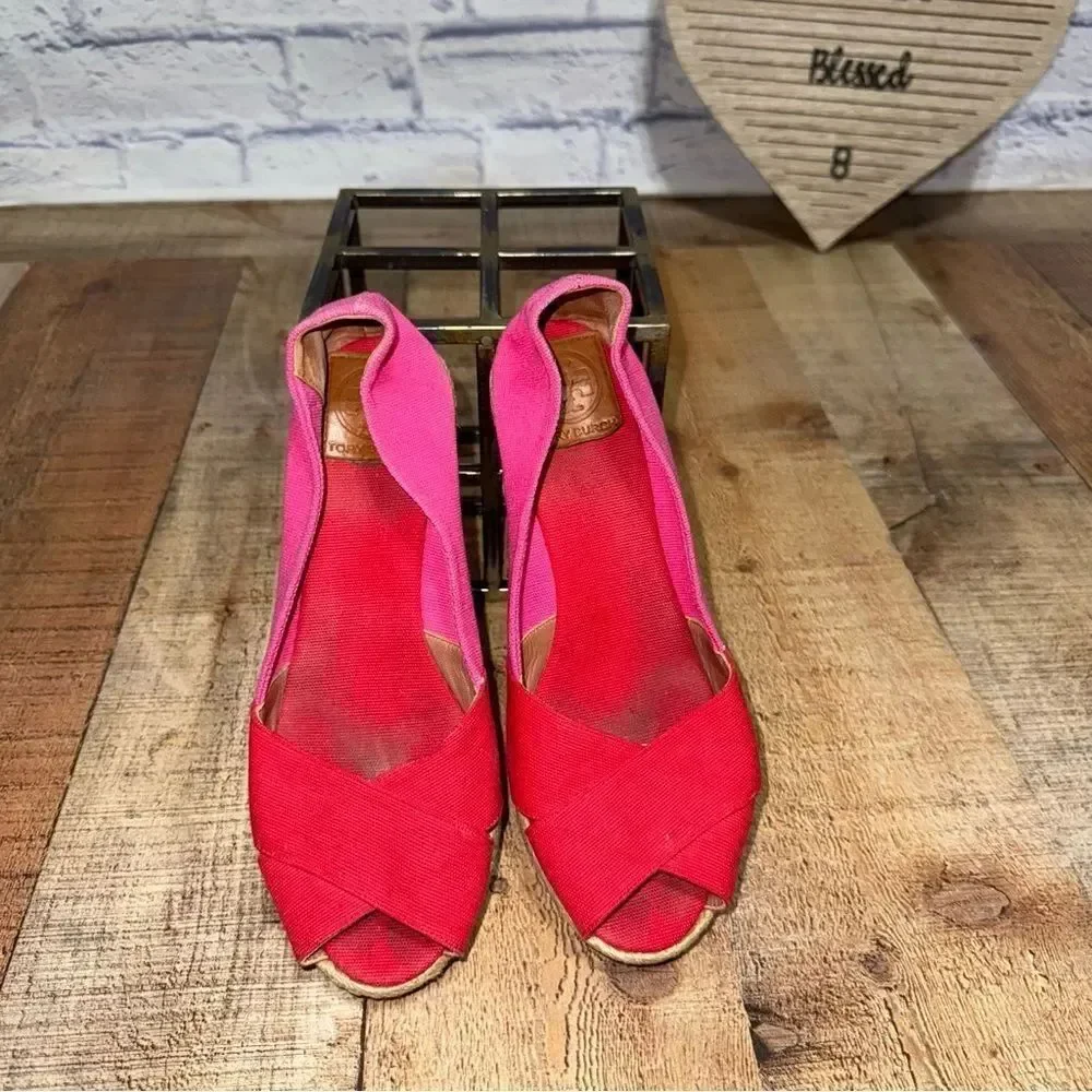 Tory Burch Filipa Colorblock Espadrilles Pink Red Wedge Heel Size